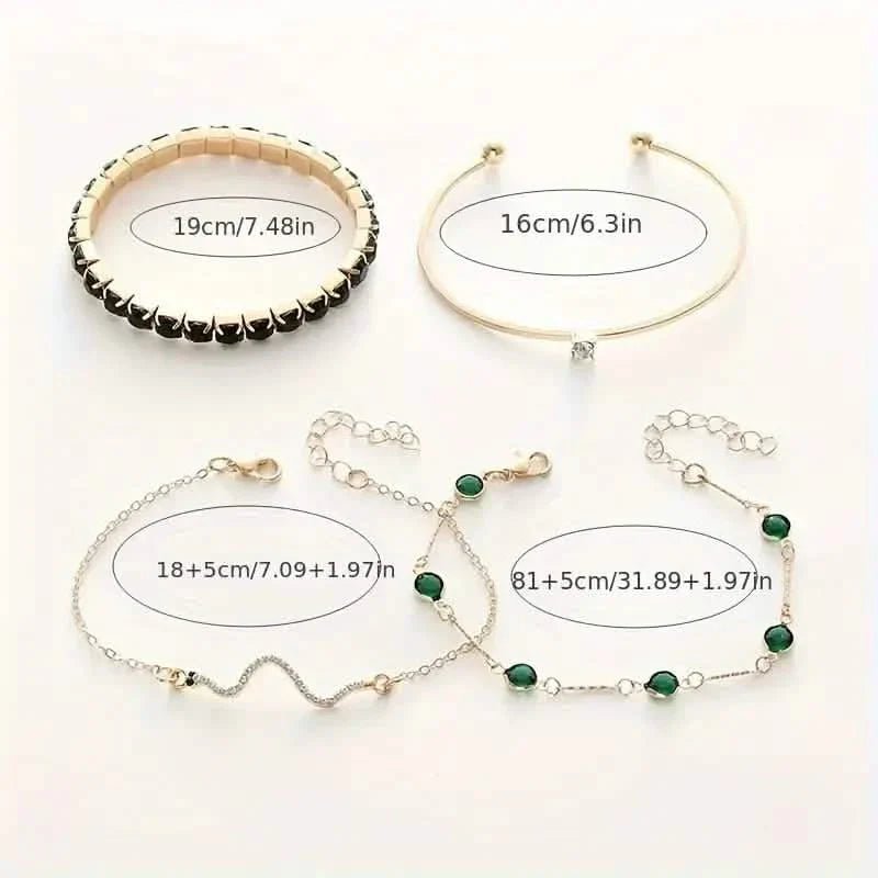 4pcs Green Emerald Rhinestone Snake Bracelet Set for Women - thewrightstore