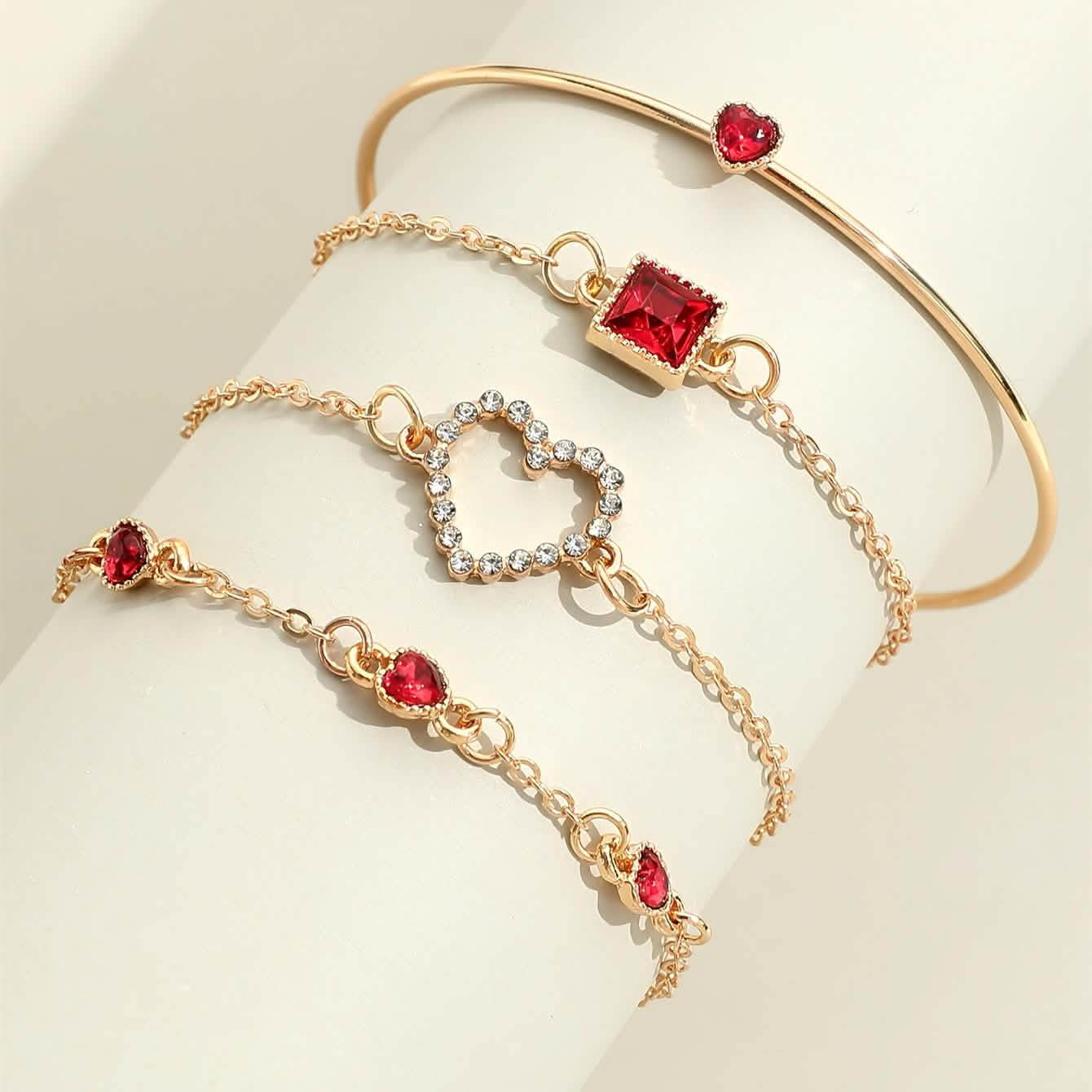 4pcs Rhinestone Alloy Bracelet Set – Minimalist Heart & Square Design - thewrightstore