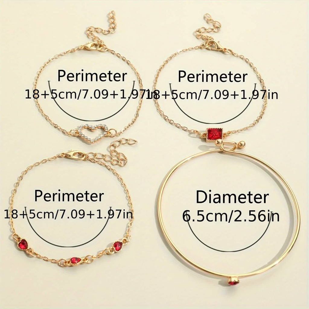 4pcs Rhinestone Alloy Bracelet Set – Minimalist Heart & Square Design - thewrightstore