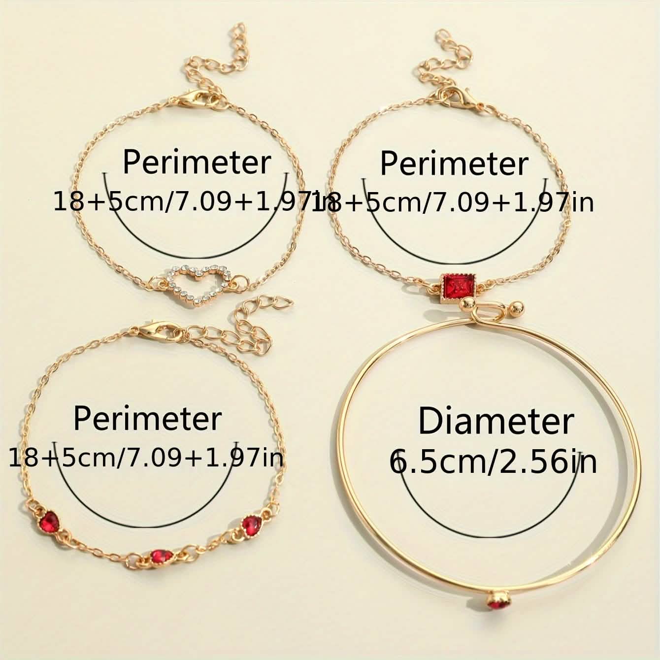4pcs Rhinestone Alloy Bracelet Set – Minimalist Heart & Square Design - thewrightstore