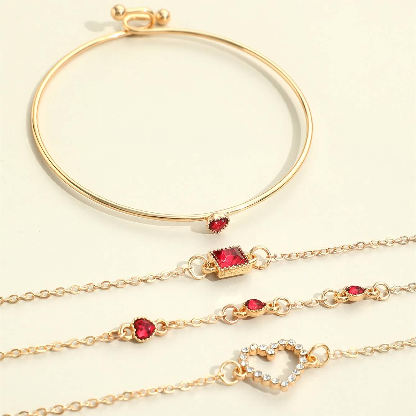 4pcs Rhinestone Alloy Bracelet Set – Minimalist Heart & Square Design - thewrightstore