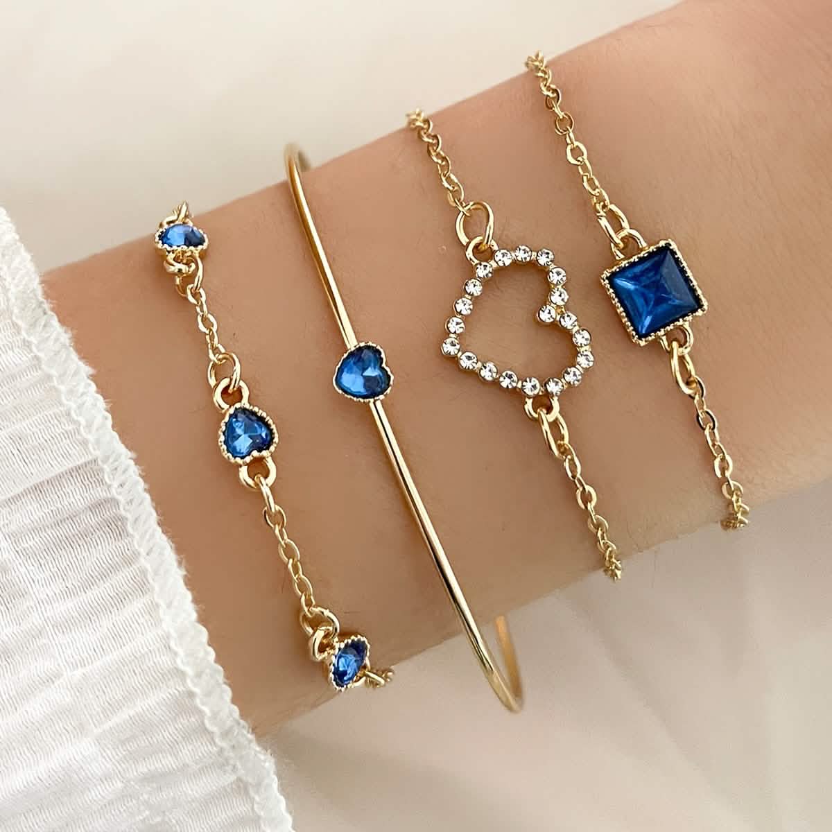 4pcs Rhinestone Alloy Bracelet Set – Minimalist Heart & Square Design - thewrightstore