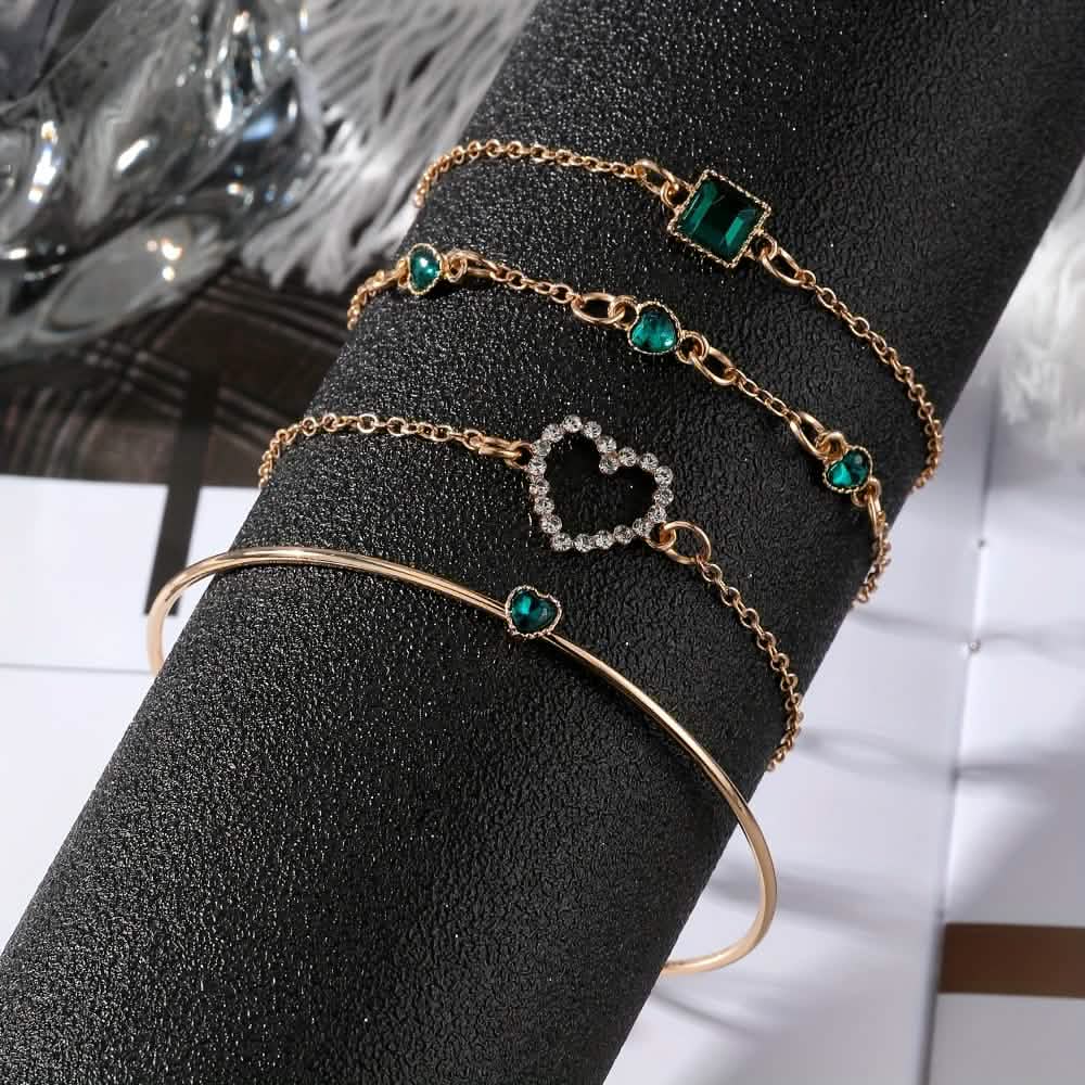 4pcs Rhinestone Alloy Bracelet Set – Minimalist Heart & Square Design - thewrightstore