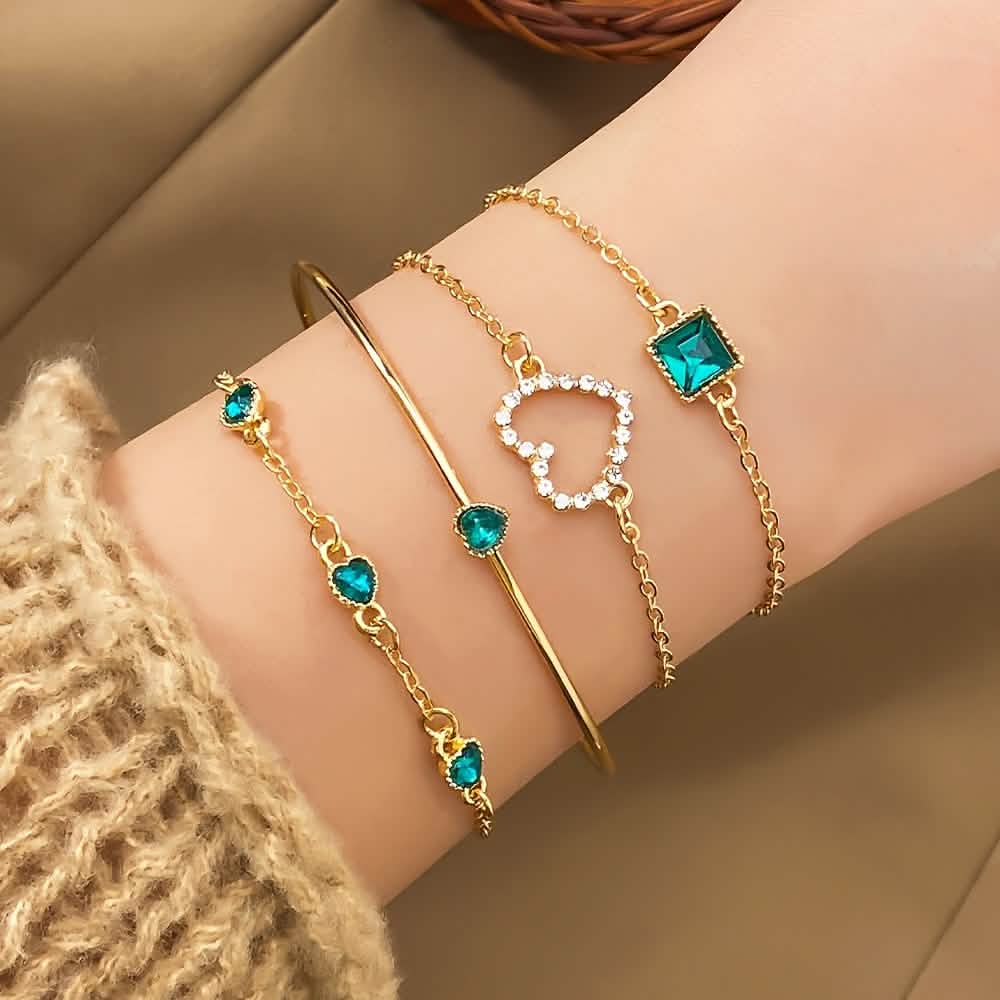 4pcs Rhinestone Alloy Bracelet Set – Minimalist Heart & Square Design - thewrightstore