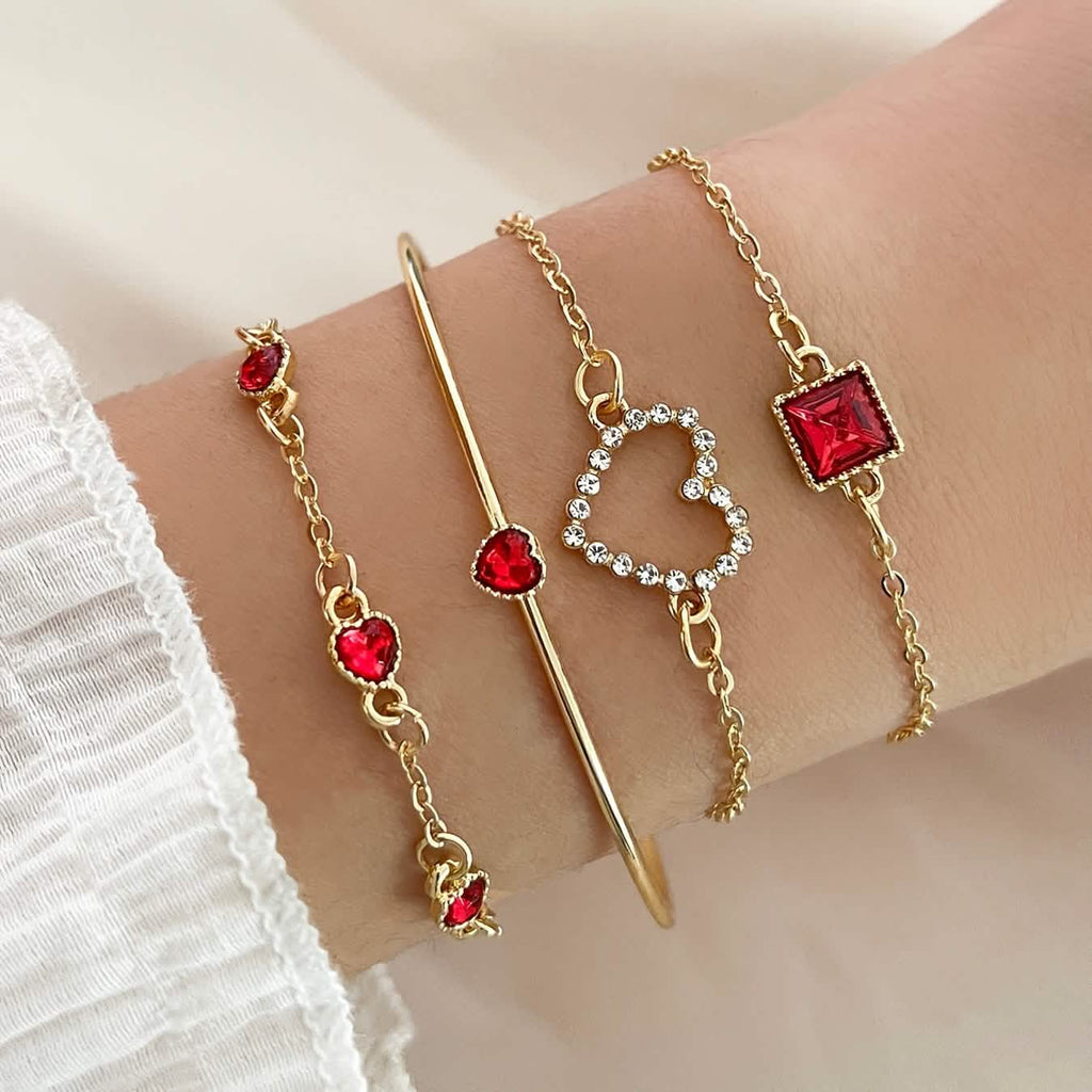 4pcs Rhinestone Alloy Bracelet Set – Minimalist Heart & Square Design - thewrightstore