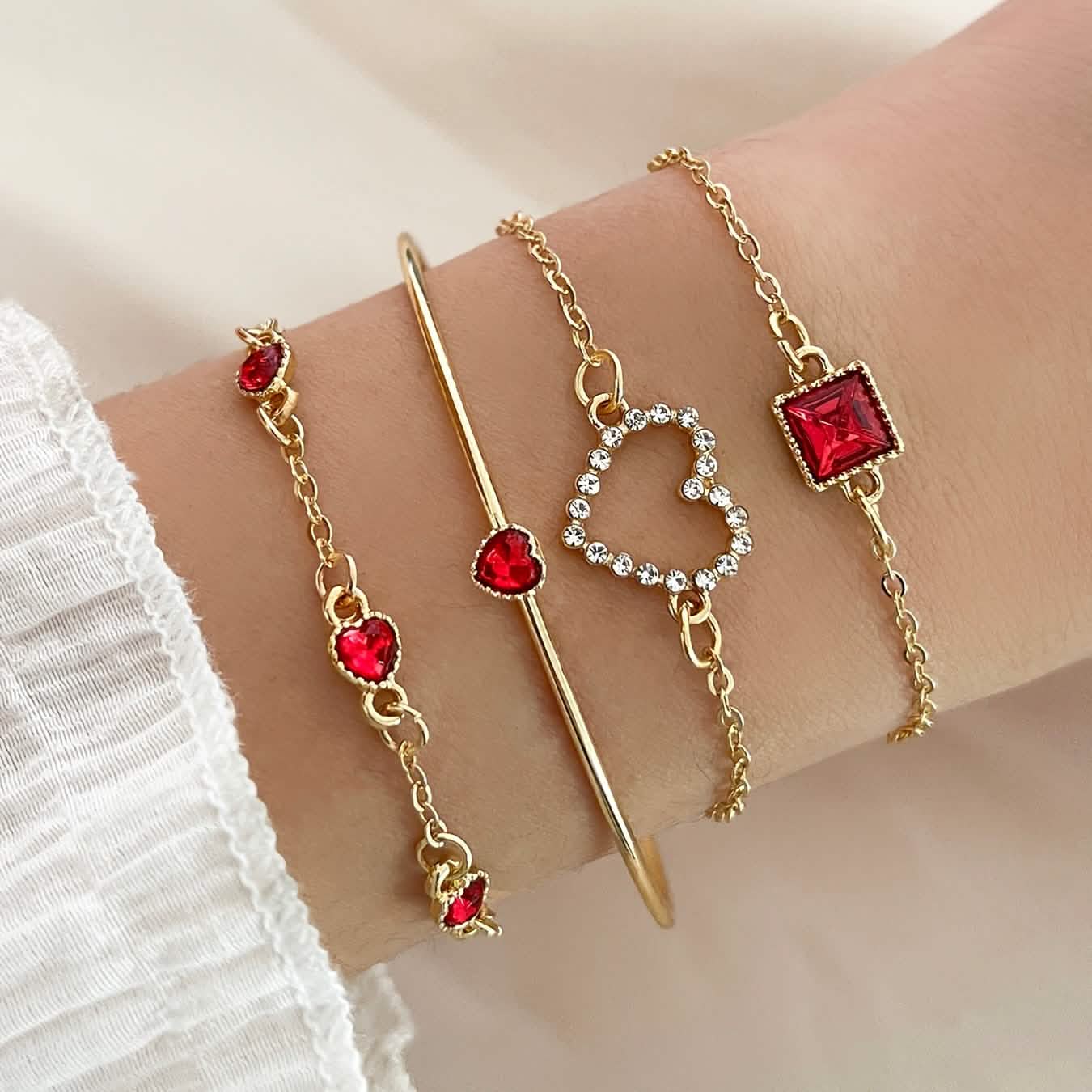 4pcs Rhinestone Alloy Bracelet Set – Minimalist Heart & Square Design - thewrightstore