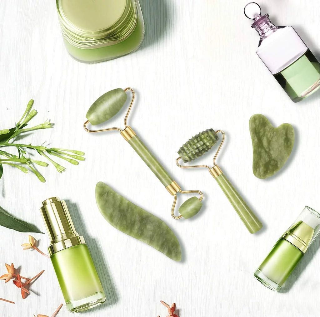 4Pcs/Set Jade Roller and Gua Sha Set Facial Massager Skincare Beauty Tools for Anti - Aging, Gentle Skin, Remove Wrinkles...