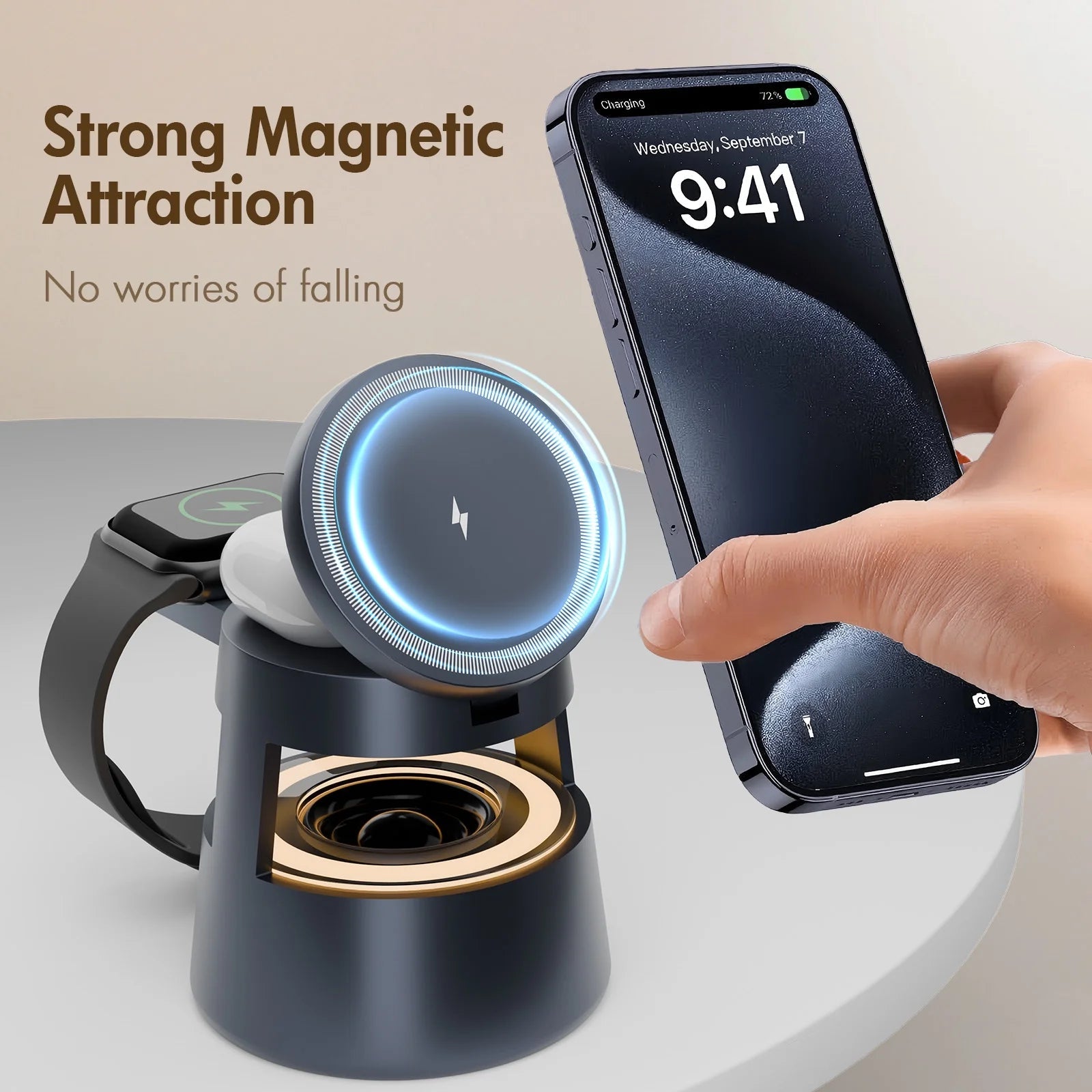 5 in 1 Wireless Charging Station, 15W Fast Charging Wireless Charger for Iphone Airpods Iwatch with Magsafe,Bluetooth Speaker