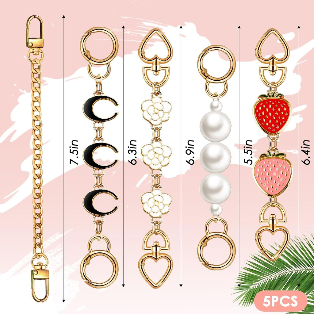 5-Piece Gold Purse Extender Chain Set with Floral and Celestial Designs - Replacement Strap and Accessories for Women's Handbags and Crossbody Bags - thewrightstore
