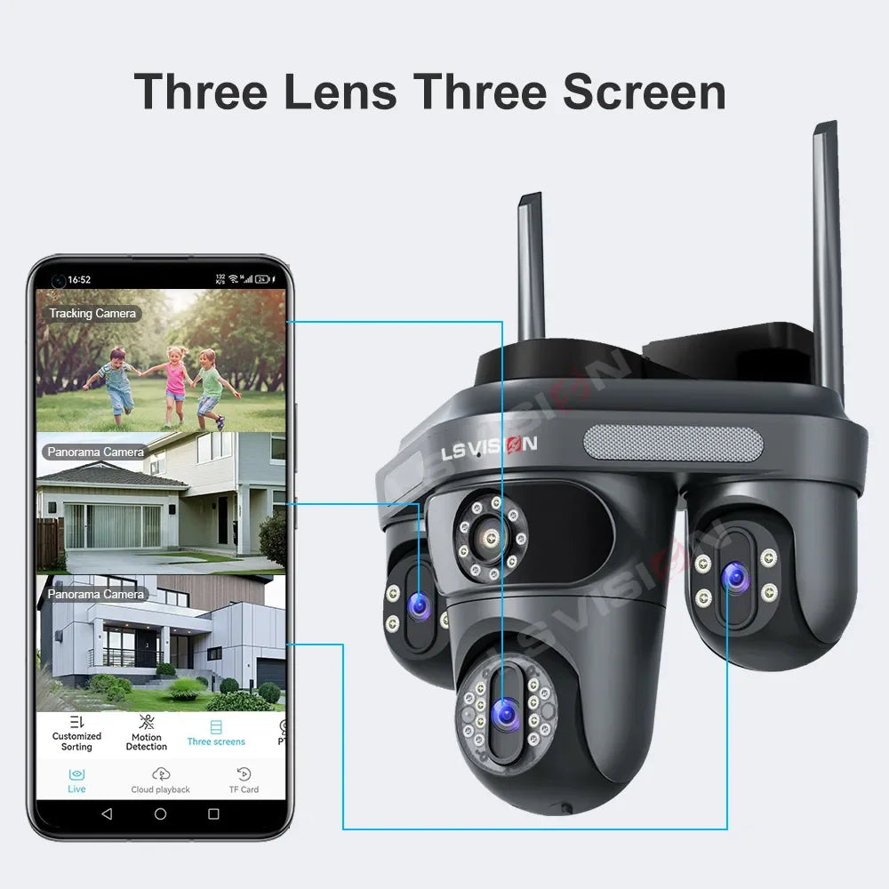 LS VISION Three Screen Camera WIFI 15MP 6K Three Lens Monitor Night Vision Security Protection 3 PTZ Lens Video Surveillance