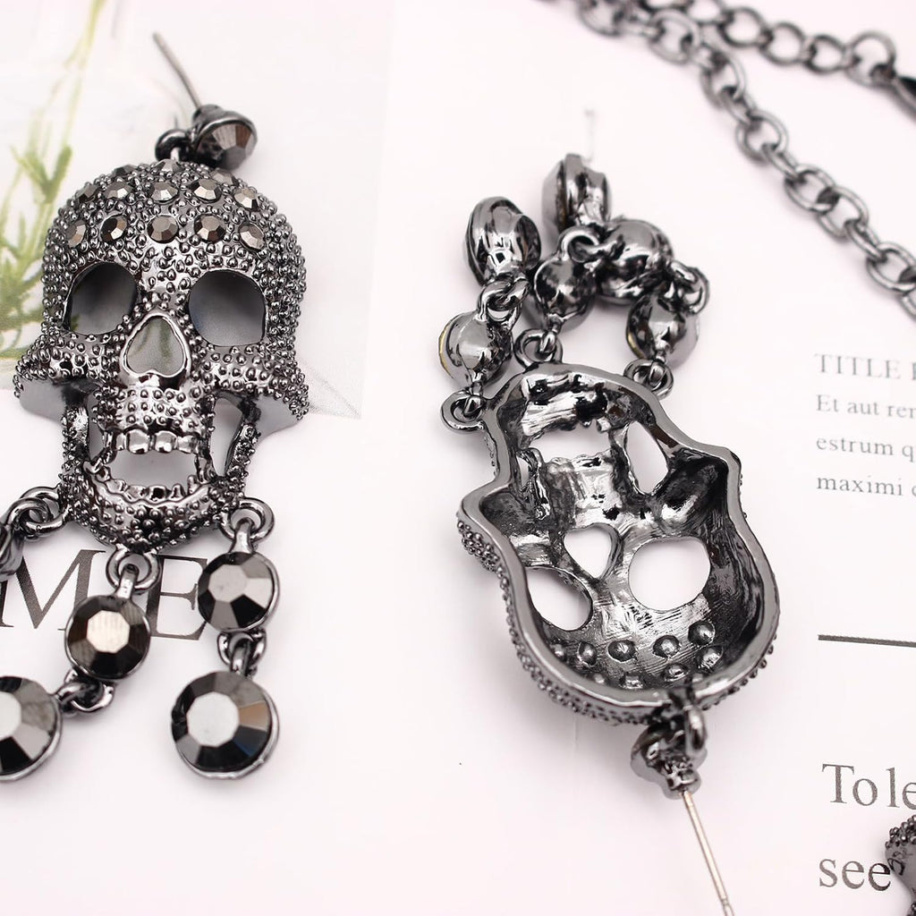 Austrian Crystal Gothic Skull and Bone Cross Necklace and Dangle Earring Set for Women