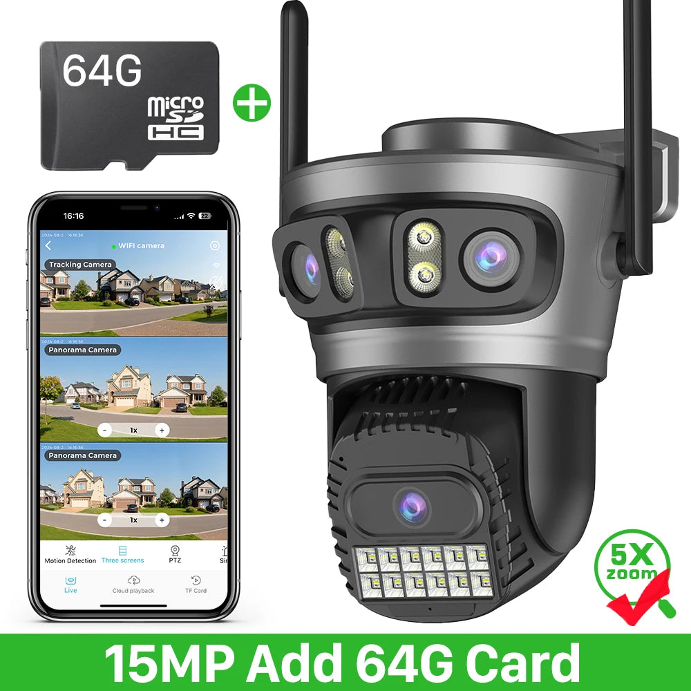 20MP 10K PTZ Wifi Camera Four Len 10X Zoom Surveillance Camera Outdoor 360°No Dead Angle Ultra Long Night Vision Security