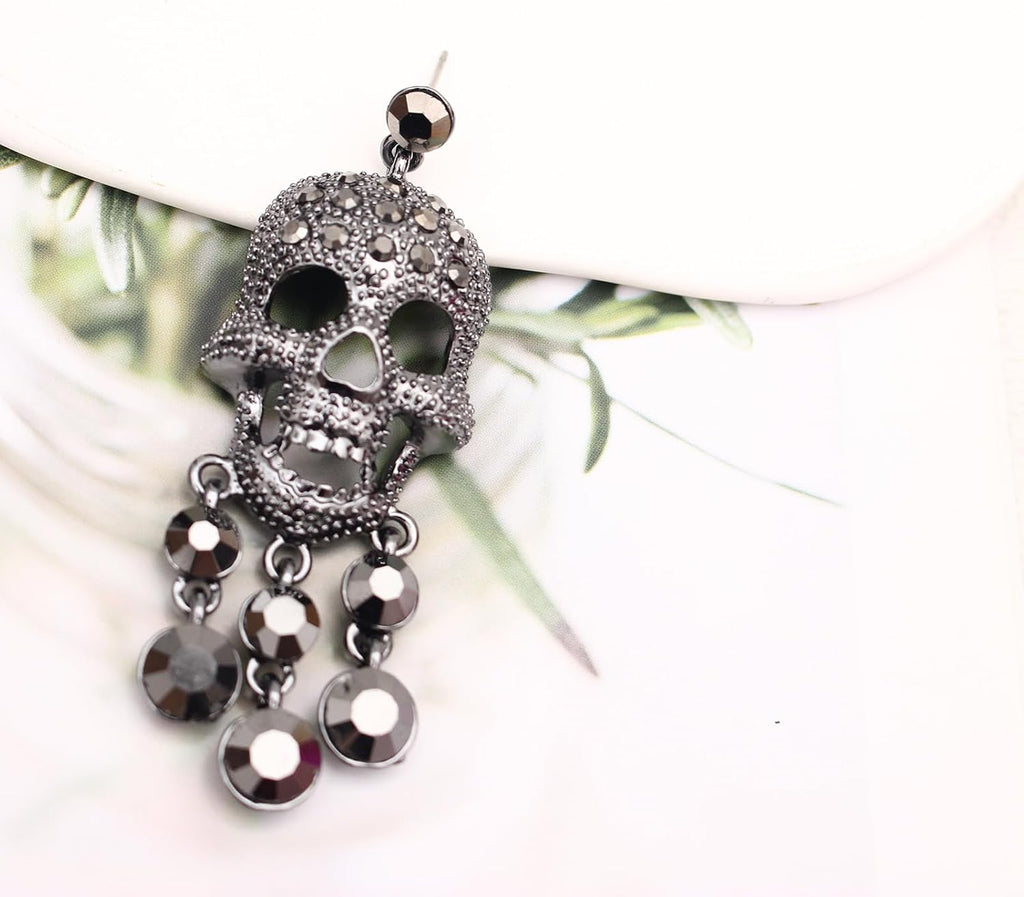 Austrian Crystal Gothic Skull and Bone Cross Necklace and Dangle Earring Set for Women