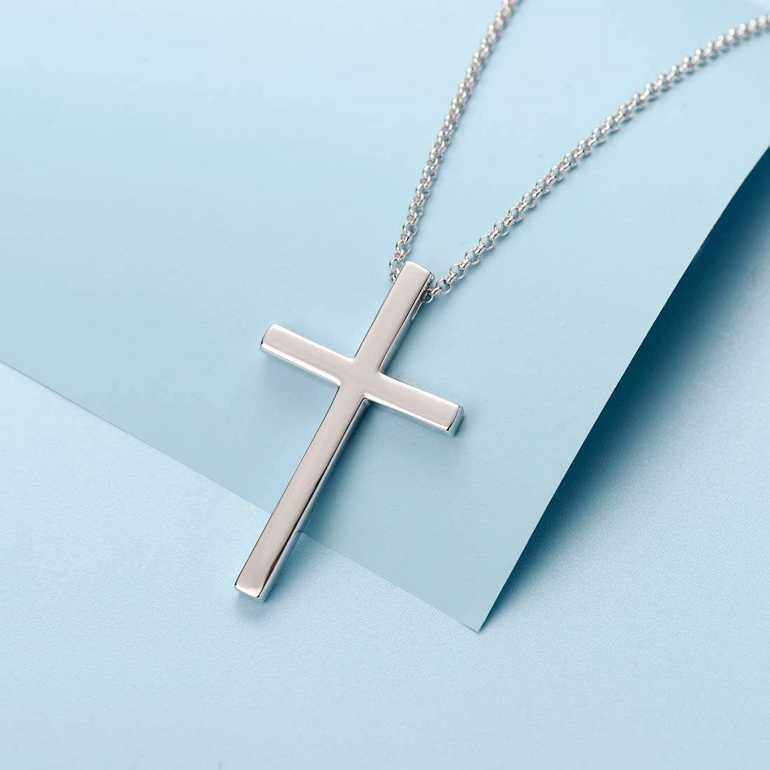 Carleen White Gold Plated Solid Sterling Silver Large Men's Classic Cross Pendant Necklace with 24-Inch Rolo Chain and Lobster Clasp - Ideal Faith-Based Gift for Men, Boys, and Sons