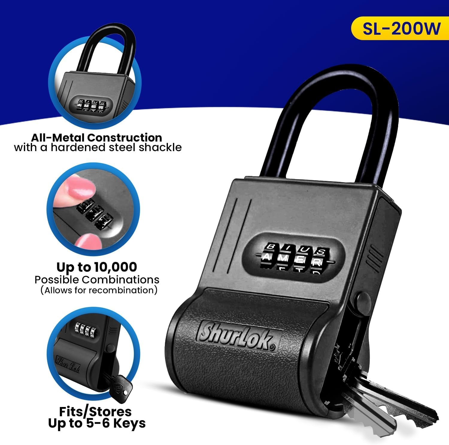 Shurlok SL-100W 4-Dial Dual Combination Lock Box - Durable Outdoor Storage and Home Improvement Solution with Side Key Access, 8.7 x 1.6 x 5.6 Inches, Black
