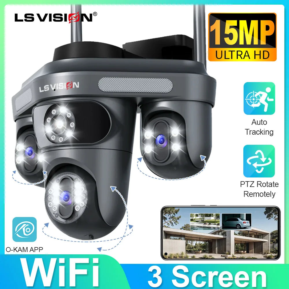 LS VISION Three Screen Camera WIFI 15MP 6K Three Lens Monitor Night Vision Security Protection 3 PTZ Lens Video Surveillance