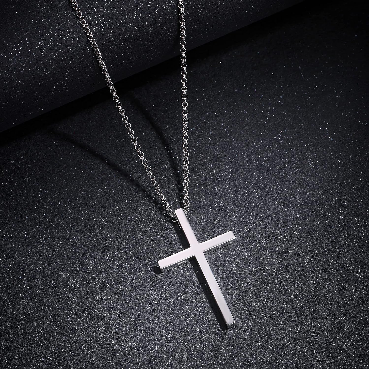 Carleen White Gold Plated Solid Sterling Silver Large Men's Classic Cross Pendant Necklace with 24-Inch Rolo Chain and Lobster Clasp - Ideal Faith-Based Gift for Men, Boys, and Sons