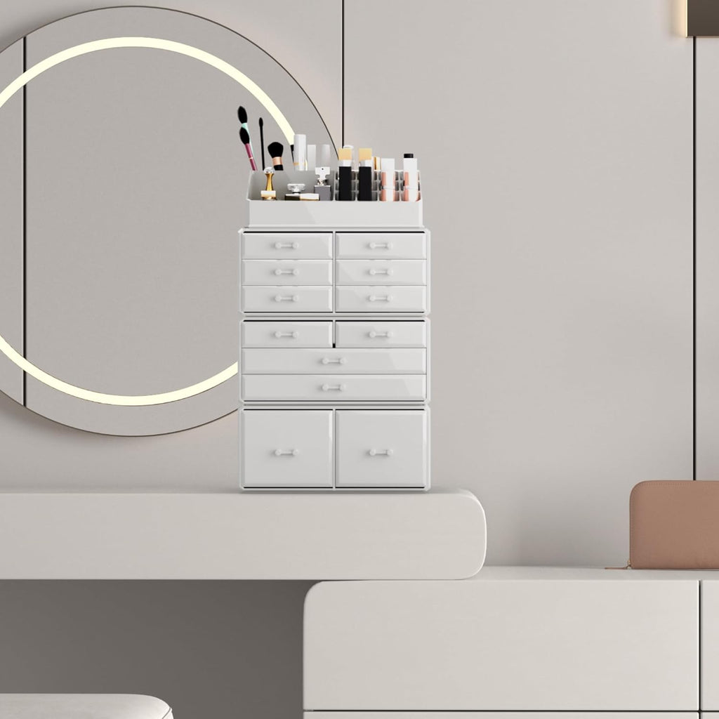 Readaeer White Makeup Cosmetic Organizer with 12 Drawer Storage System