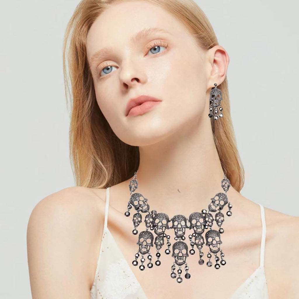 Austrian Crystal Gothic Skull and Bone Cross Necklace and Dangle Earring Set for Women