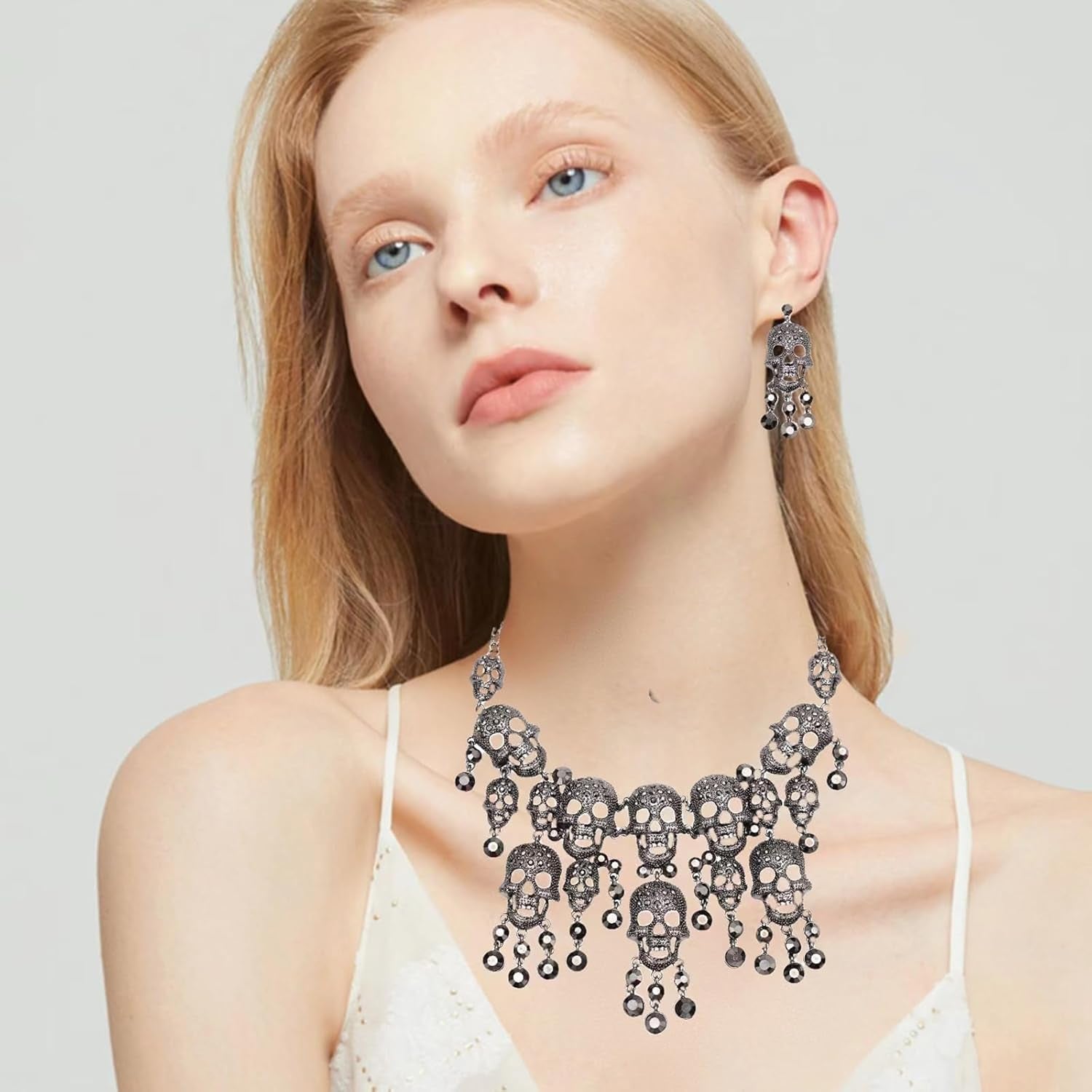 Austrian Crystal Gothic Skull and Bone Cross Necklace and Dangle Earring Set for Women