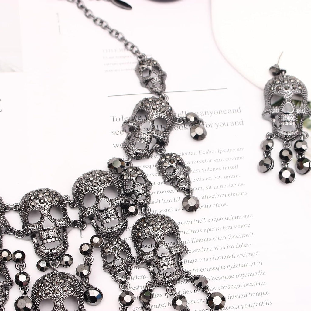 Austrian Crystal Gothic Skull and Bone Cross Necklace and Dangle Earring Set for Women