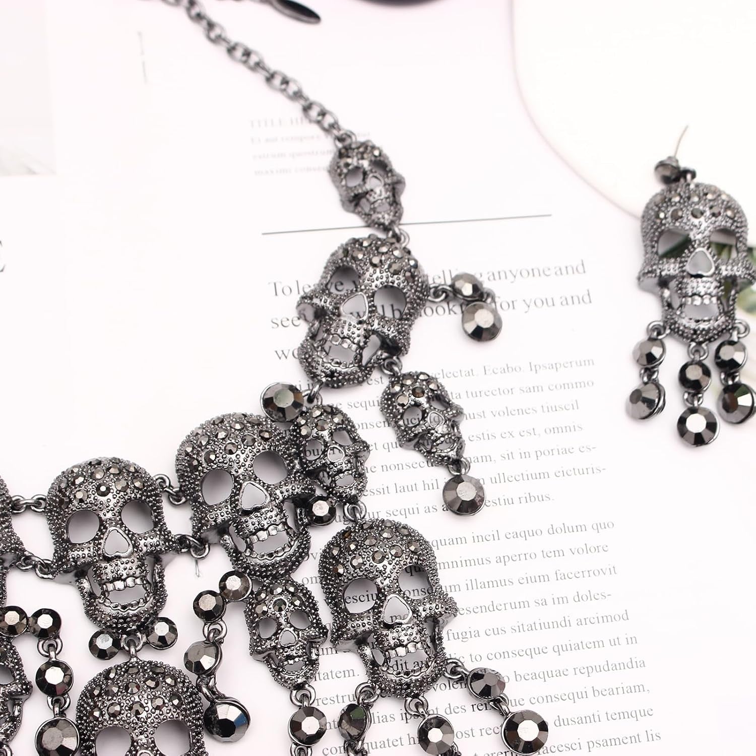 Austrian Crystal Gothic Skull and Bone Cross Necklace and Dangle Earring Set for Women