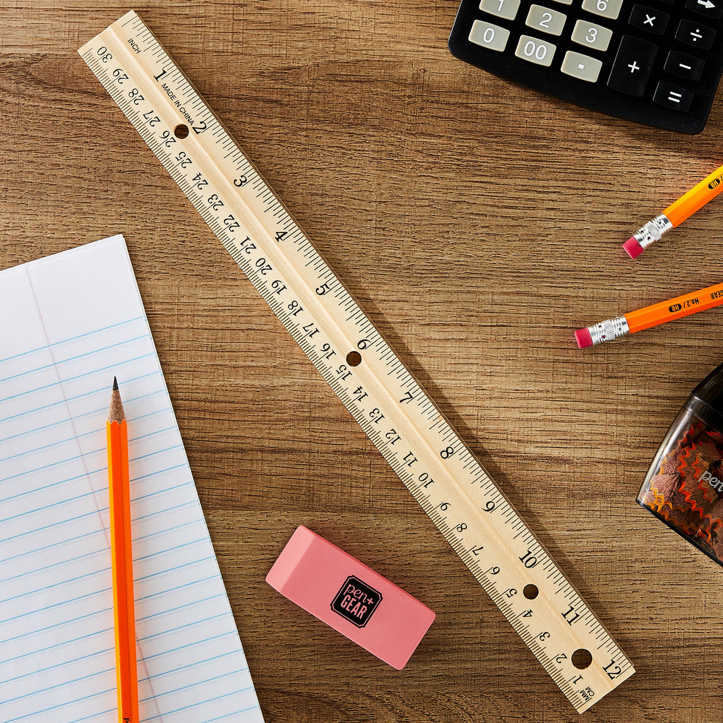 (6 Pack) Pen + Gear Wood Ruler, 12 Inch, Ideal for Elementary to High School Educational Level
