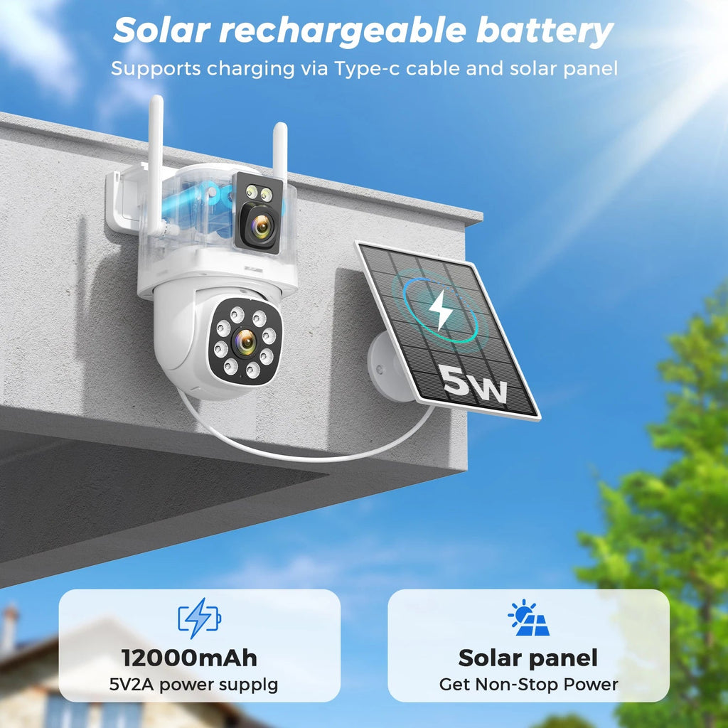 8MP 4K Solar Camera Wifi Outdoor AOV 24Hours Recording Dual Lens Dual Screens HD Surveillance Camera ICSEE Night Vision Security - thewrightstore