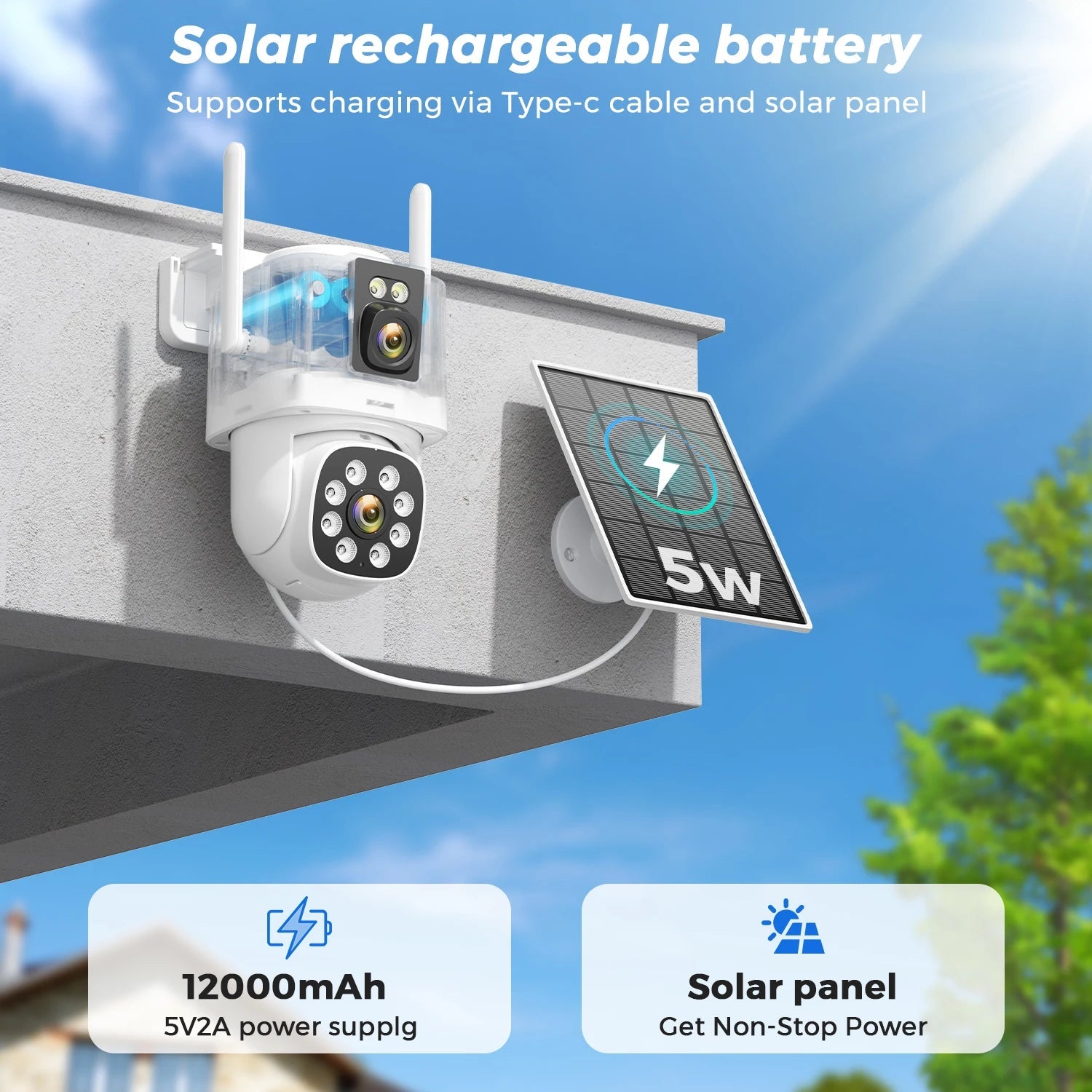 8MP 4K Solar Camera Wifi Outdoor AOV 24Hours Recording Dual Lens Dual Screens HD Surveillance Camera ICSEE Night Vision Security - thewrightstore