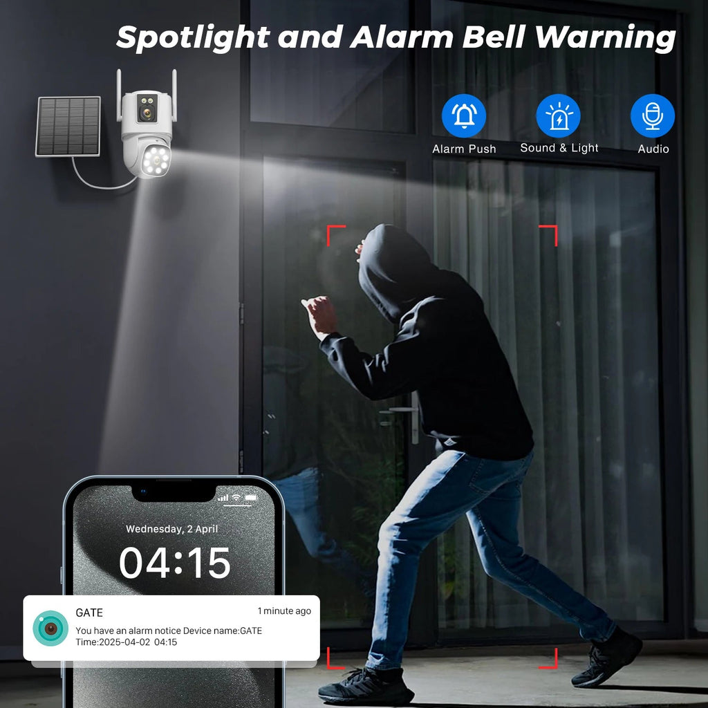 8MP 4K Solar Camera Wifi Outdoor AOV 24Hours Recording Dual Lens Dual Screens HD Surveillance Camera ICSEE Night Vision Security - thewrightstore