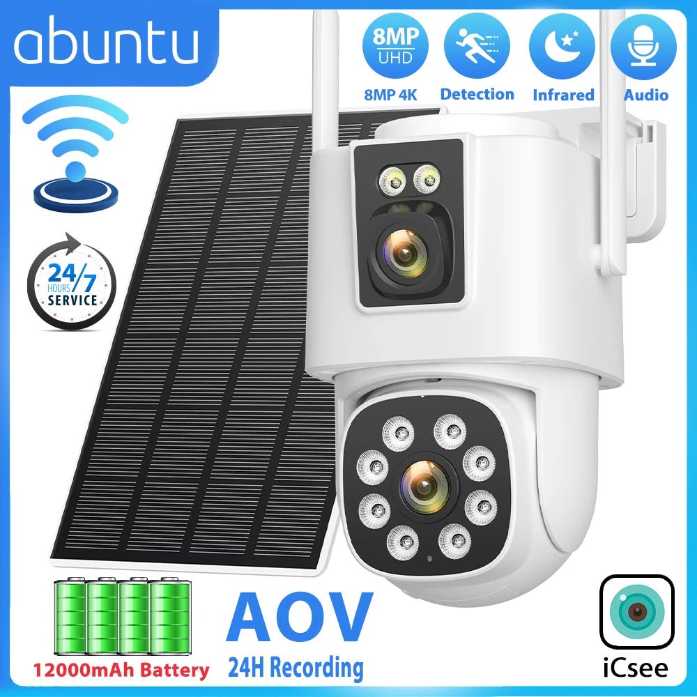 8MP 4K Solar Camera Wifi Outdoor AOV 24Hours Recording Dual Lens Dual Screens HD Surveillance Camera ICSEE Night Vision Security - thewrightstore