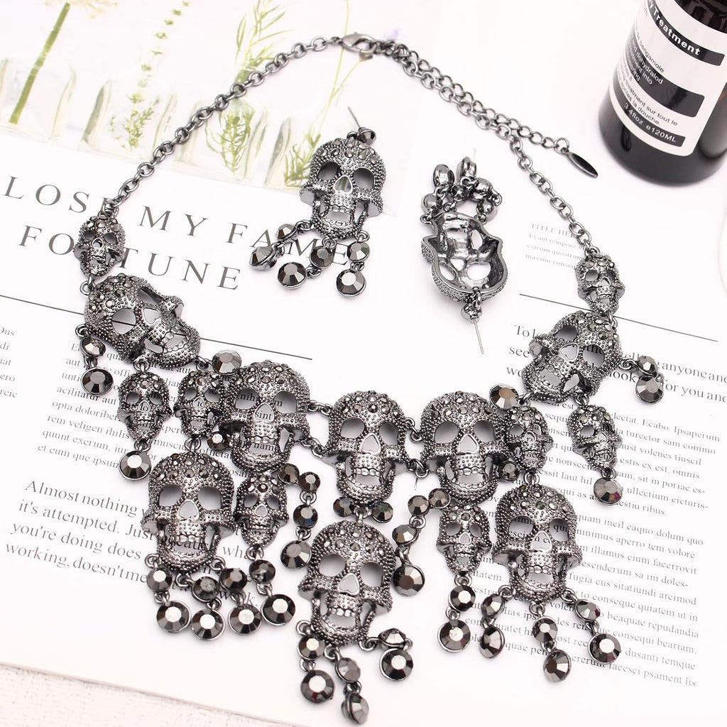 Austrian Crystal Gothic Skull and Bone Cross Necklace and Dangle Earring Set for Women