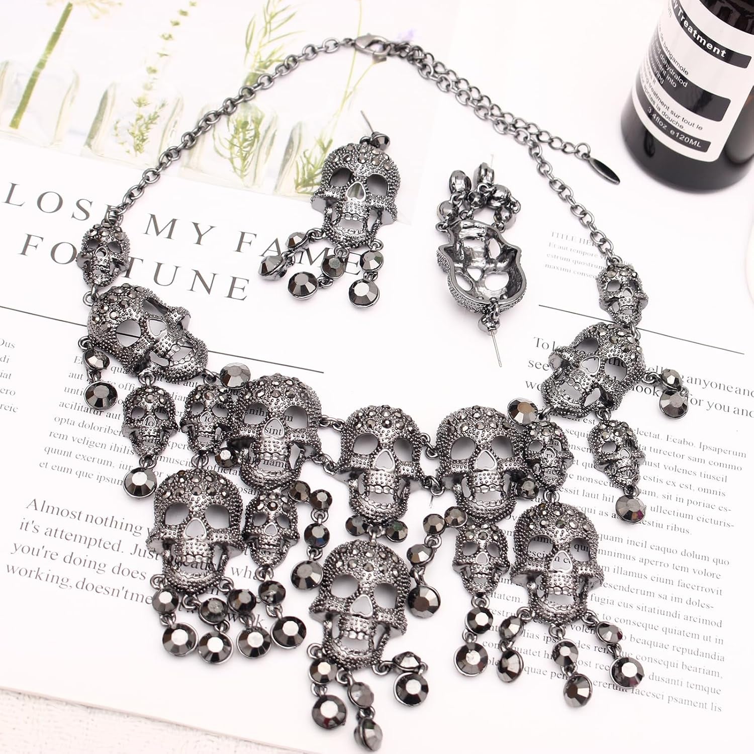 Austrian Crystal Gothic Skull and Bone Cross Necklace and Dangle Earring Set for Women