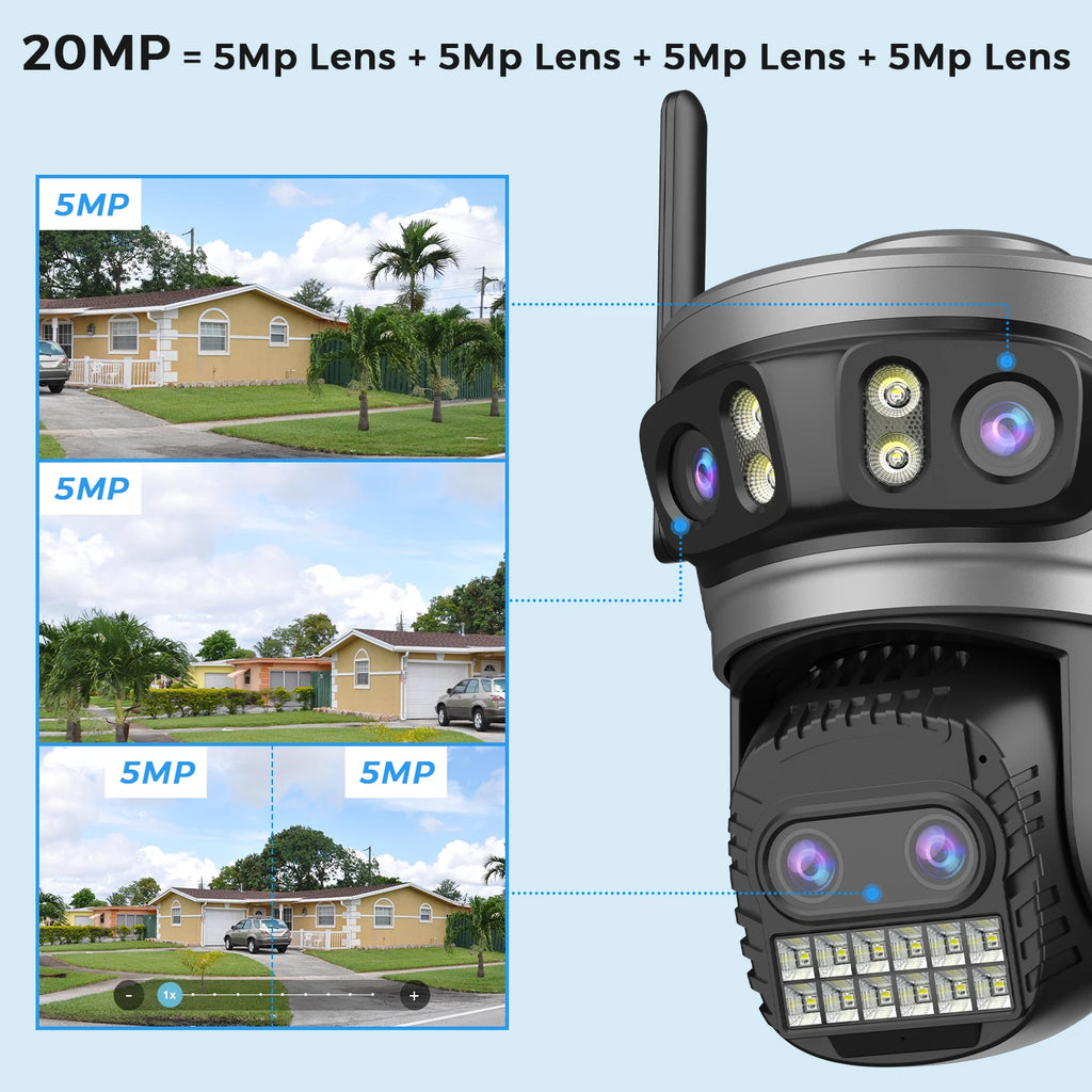 20MP 10K PTZ Wifi Camera Four Len 10X Zoom Surveillance Camera Outdoor 360°No Dead Angle Ultra Long Night Vision Security