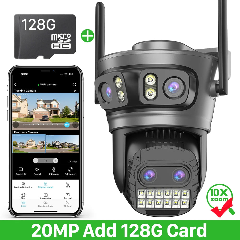 20MP 10K PTZ Wifi Camera Four Len 10X Zoom Surveillance Camera Outdoor 360°No Dead Angle Ultra Long Night Vision Security