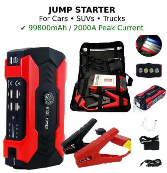 99800Mah Car Jump Starter, Peak Car Battery Charger, 12V Jump Box Jumper Battery Pack, Portable Charger, Emergency LED Light, Escape Safty Hammer, Compass