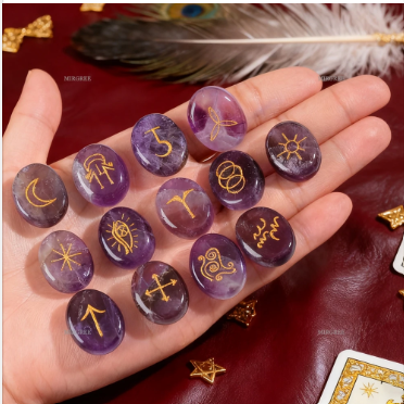 13Pcs Natural Crystal Stones (With Spiritual Symbols), Used as Healing Crystals for Divination, Meditation, and Spiritual Growth