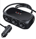 3-Socket Car Cigarette Lighter Splitter Adapter with Dual USB Charger and Emergency Warning Light Compatibility, 120W, 12V/24V, Black