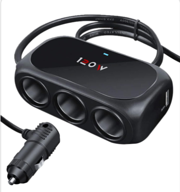 3-Socket Car Cigarette Lighter Splitter Adapter with Dual USB Charger and Emergency Warning Light Compatibility, 120W, 12V/24V, Black