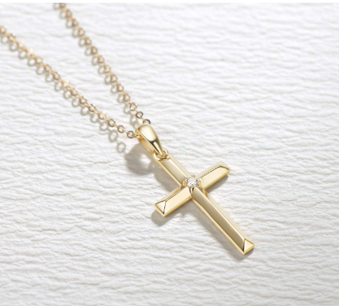 FANCIME 14K Solid Gold 0.025 Carat Diamond Crucifix Cross Pendant Necklace with Extender, Elegant Fine Jewelry Gift for Women and Girls, Ideal for Anniversaries and Birthdays, 16" + 2" Extender
