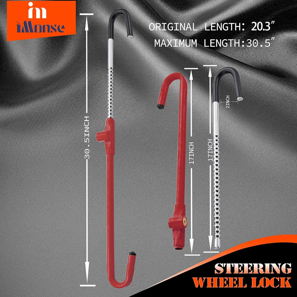 Steering Wheel Lock and Pedal Brake Lock Anti-Theft Security Device, Universal Fit (Red)