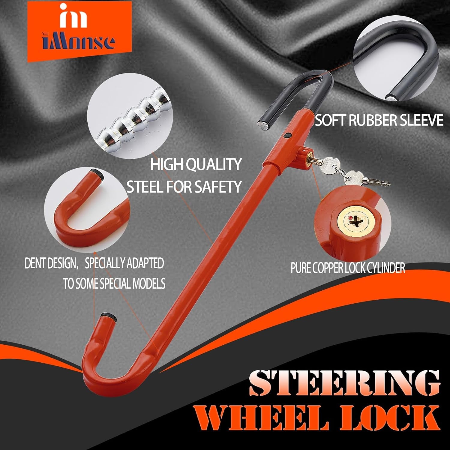 Steering Wheel Lock and Pedal Brake Lock Anti-Theft Security Device, Universal Fit (Red)
