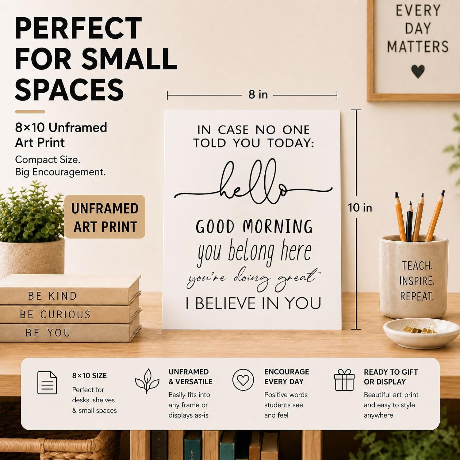 Inspirational Classroom Wall Art Prints for Teachers - Unframed Decor for High and Middle School Classrooms (10"L x 8"W)