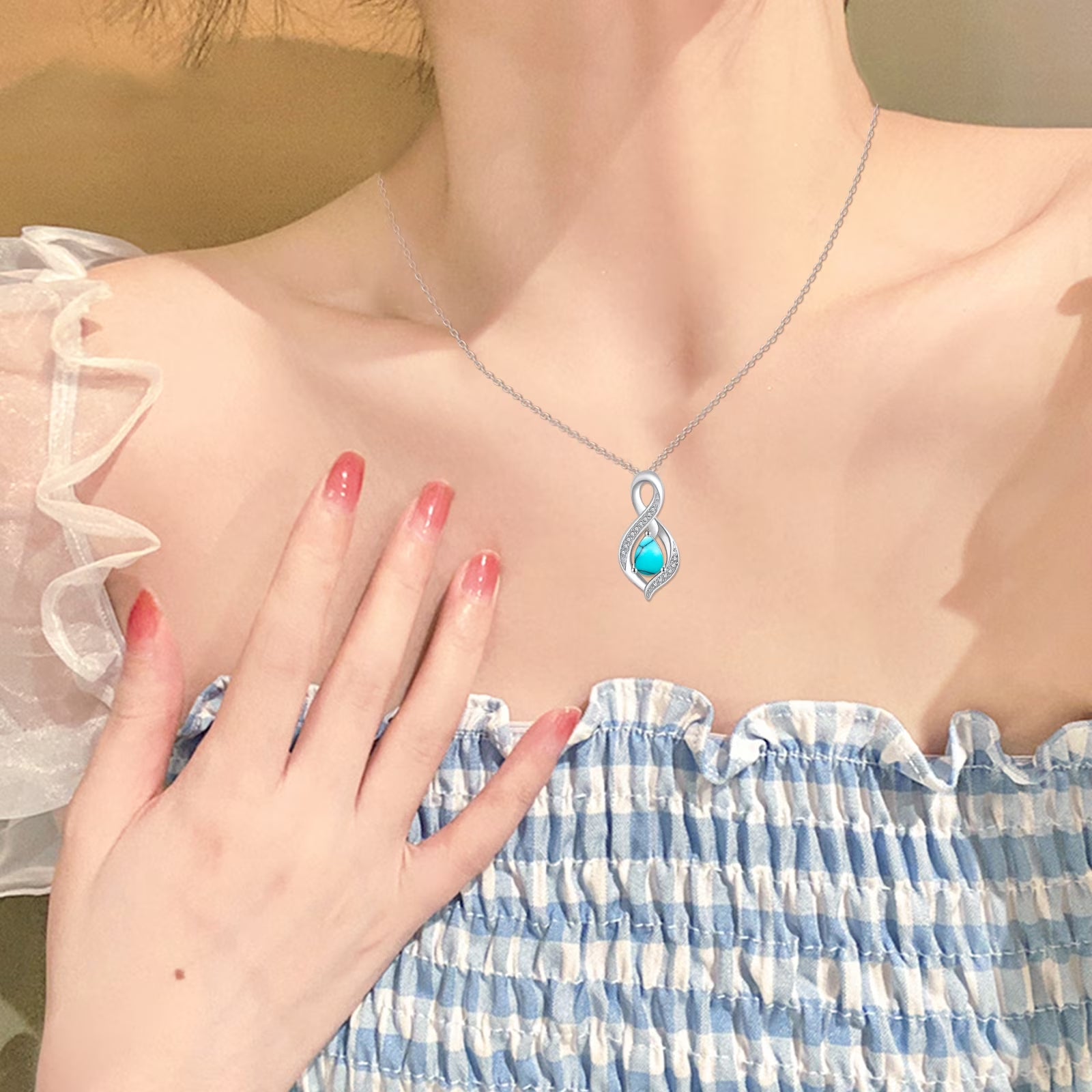 AOVEAO Turquoise Pendant Necklace 925 Sterling Silver Necklaces for Women Mom Wife 18K White Gold Plated Jewelry Birthday Mother'S Day Gifts