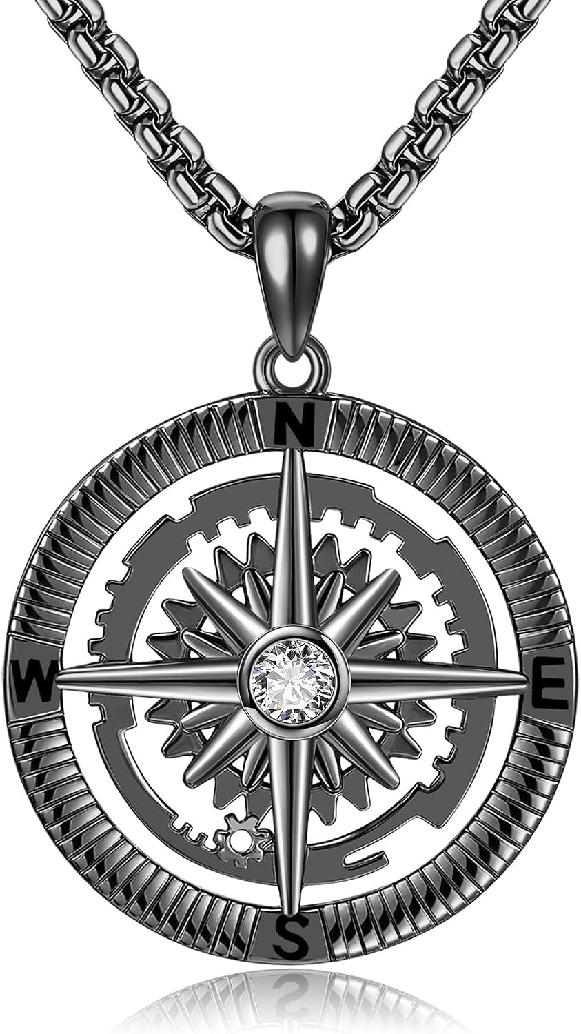 925 Sterling Silver Compass Pendant Necklace - Graduation Jewelry Gift for Men and Women