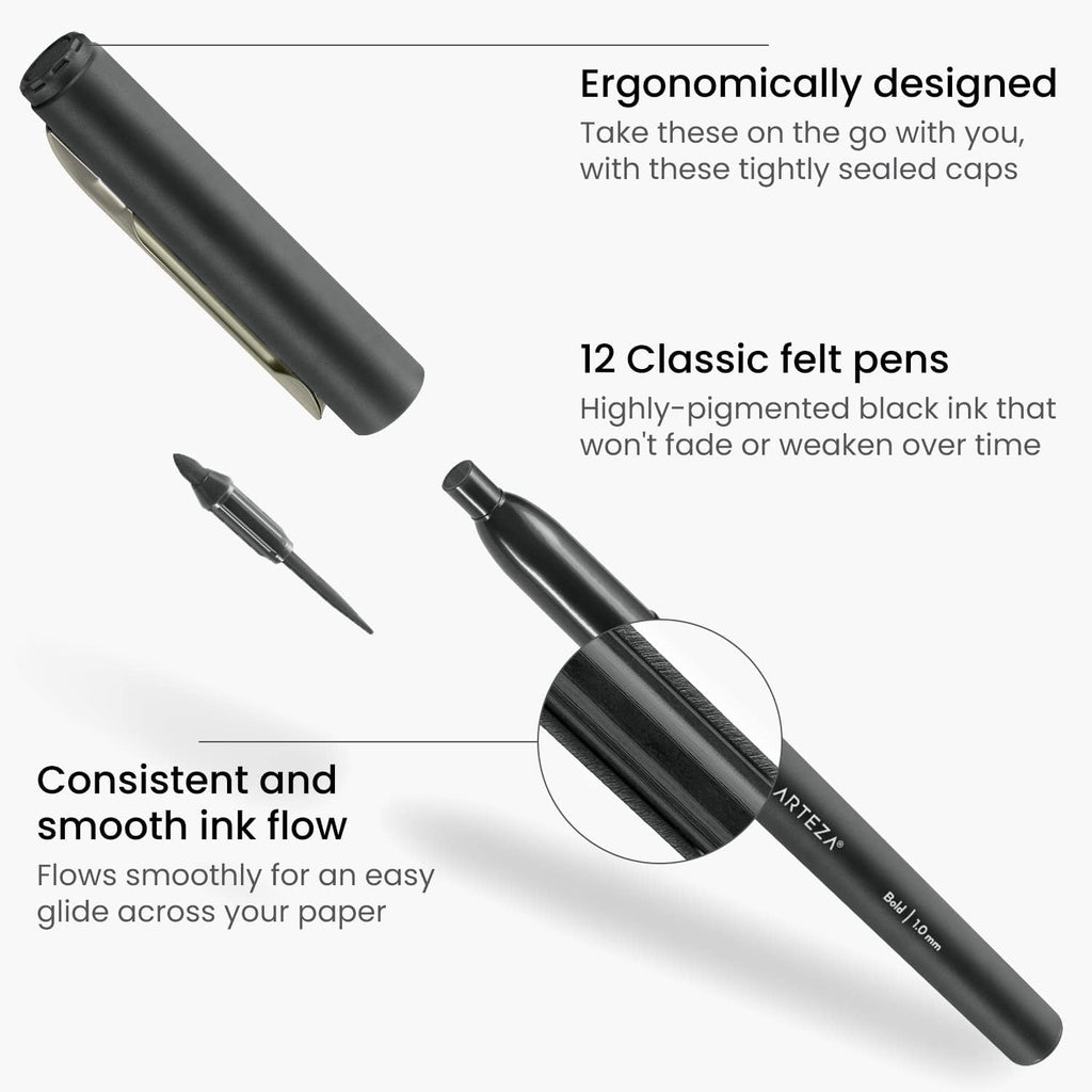 ARTEZA Black Felt Tip Pens, Set of 12, 1.0–1.5 mm Fiber Tip, Quick-Drying Water-Based Ink, Ideal for Art, School, Office, and Home Use - thewrightstore