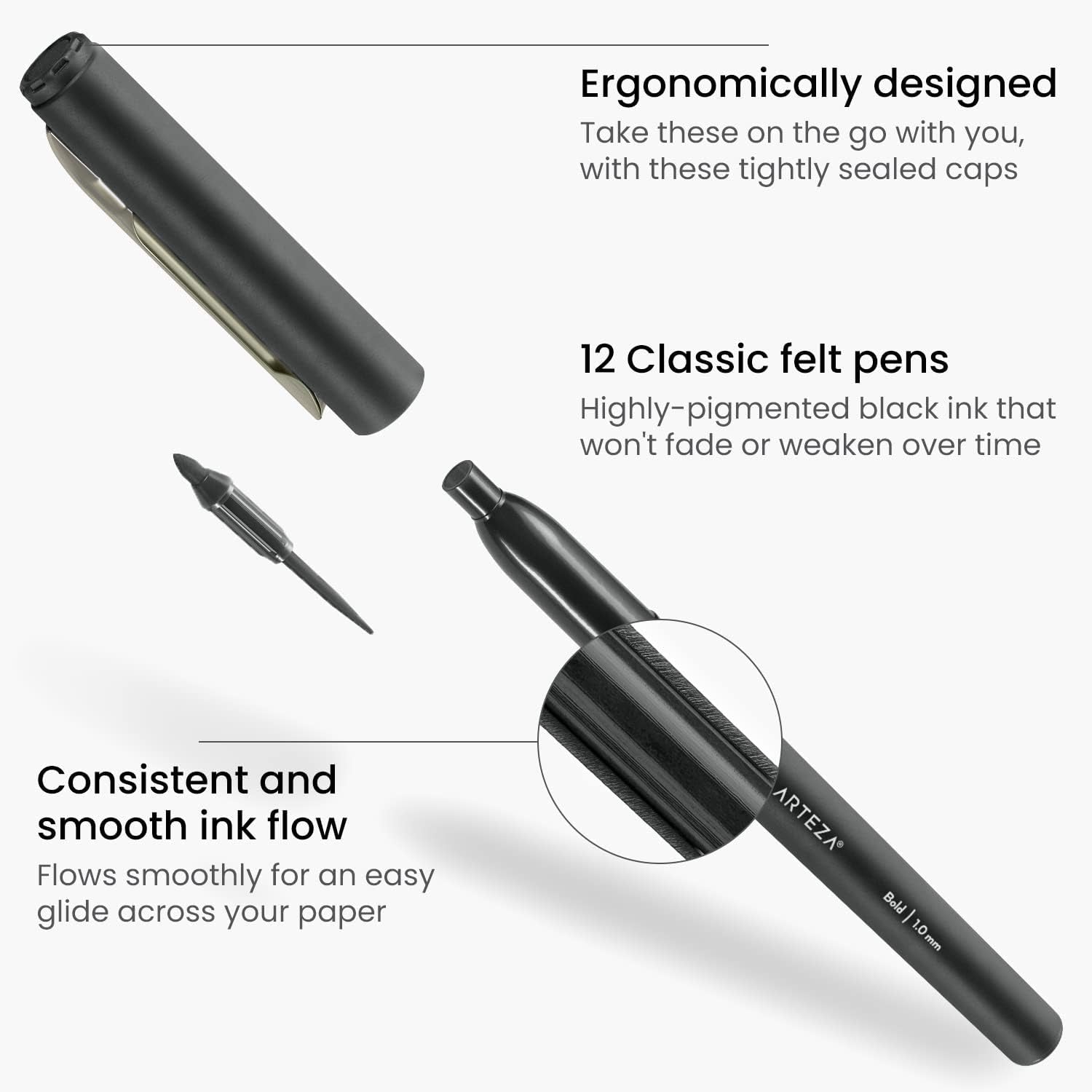 ARTEZA Black Felt Tip Pens, Set of 12, 1.0–1.5 mm Fiber Tip, Quick-Drying Water-Based Ink, Ideal for Art, School, Office, and Home Use - thewrightstore