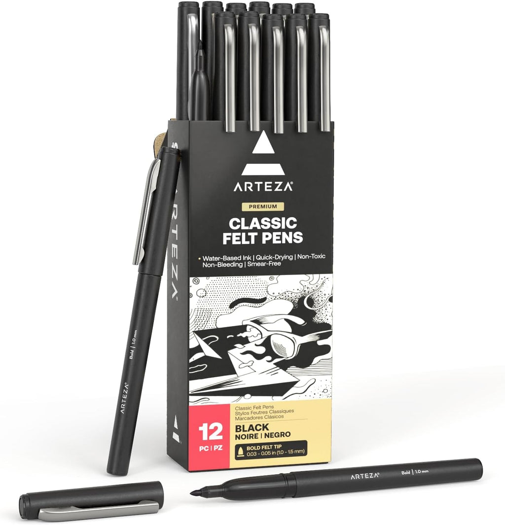 ARTEZA Black Felt Tip Pens, Set of 12, 1.0–1.5 mm Fiber Tip, Quick-Drying Water-Based Ink, Ideal for Art, School, Office, and Home Use - thewrightstore