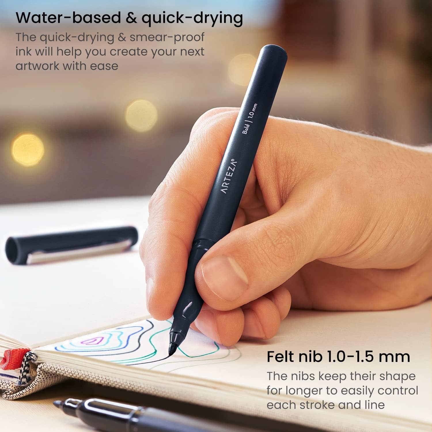 ARTEZA Black Felt Tip Pens, Set of 12, 1.0–1.5 mm Fiber Tip, Quick-Drying Water-Based Ink, Ideal for Art, School, Office, and Home Use - thewrightstore