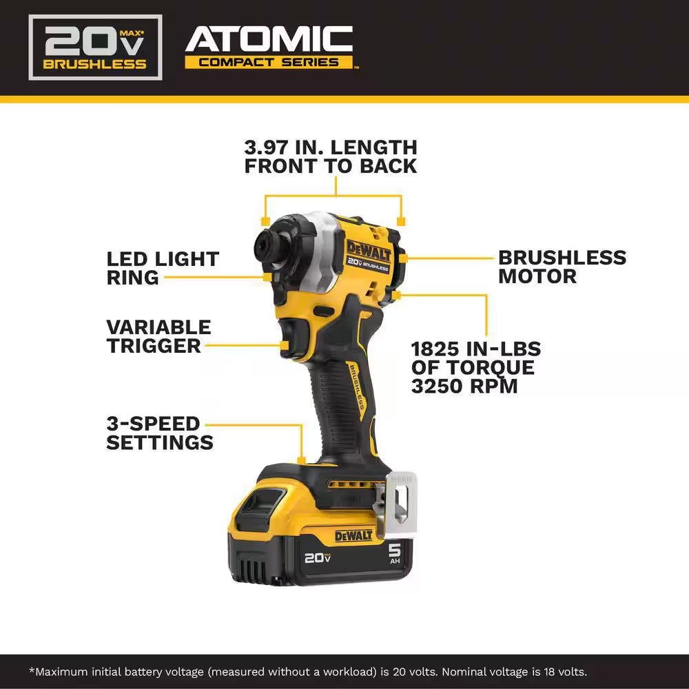 ATOMIC 20V MAX Lithium - Ion Cordless 1/4 In. Brushless Impact Driver Kit, 5 Ah Battery, Charger, and Bag - thewrightstore